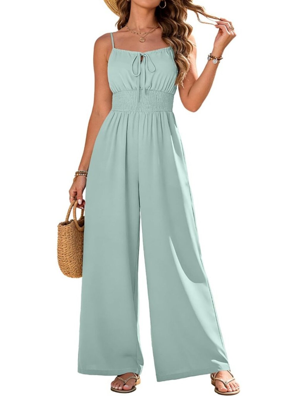 Casual Women's Spaghetti Strap Jumpsuit - Wide Leg Romper with Pockets, Summer